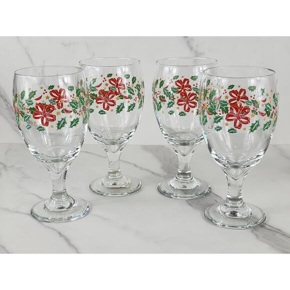 Libbey Christmas Holly and Ribbon Water Goblets 16oz Holiday 80s x4 Made in USA - Picture 1 of 12